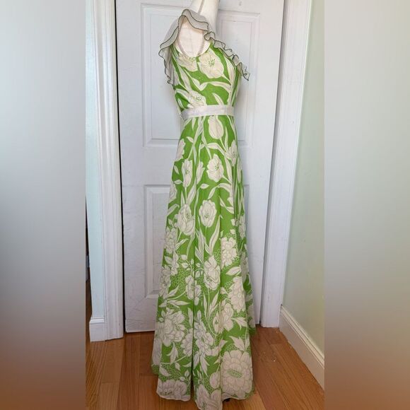 Vintage 1970s Floral Maxi Dress Ruffle Collar Off Shoulder Dress - Picture 5 of 15